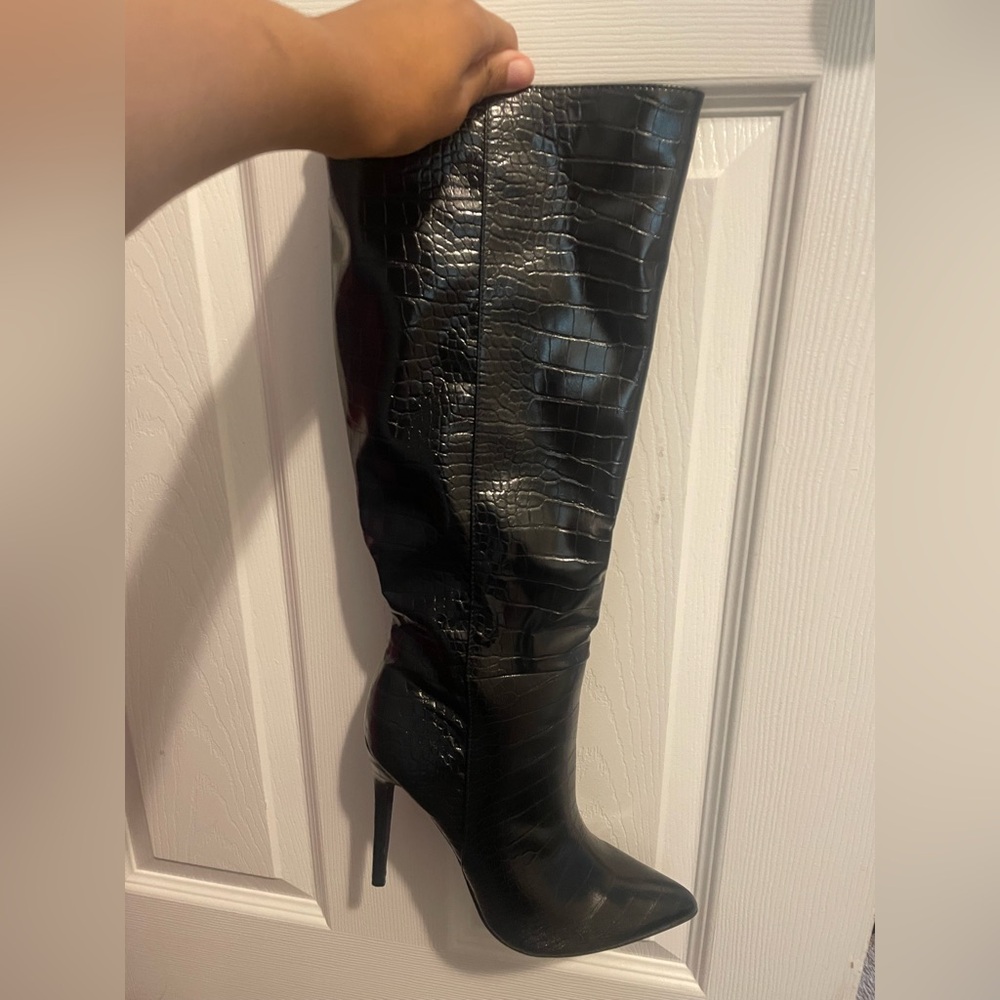 Black fashion nova knee high croc boots